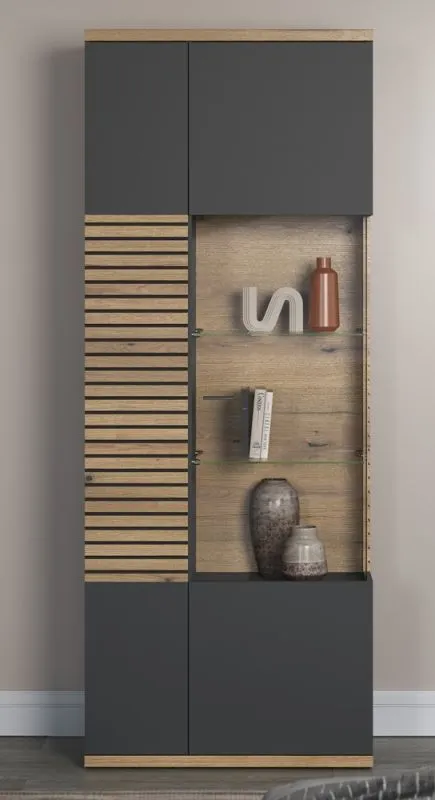 Vitrine Hochschrank Norris | grau / Coast Evoke Oak | 80 cm x 205 cm x 37 cm ohne Beleuchtung