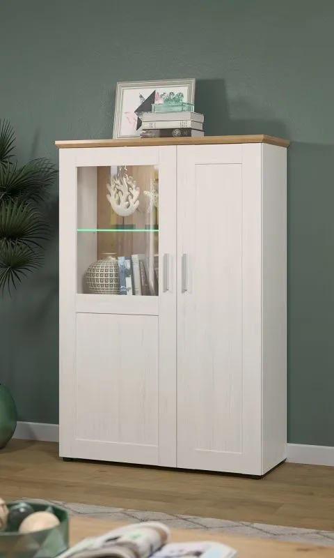 Vitrine klein Shade | Andersen Pinie weiß / Artisan Eiche | Landhausstil | LED Beleuchtung