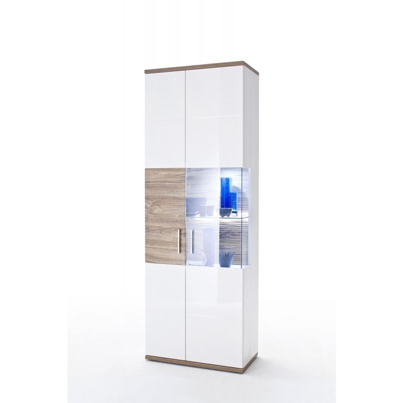 Vitrine (L) Luzern | weiß Hochglanz / Sterling Oak | LED Beleuchtung