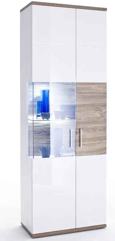 Vitrine (L) Luzern | weiß Hochglanz / Sterling Oak | LED Beleuchtung Komplettset
