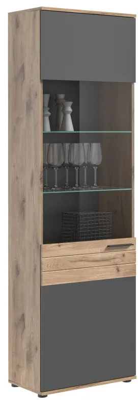 Vitrine Mason | Nox Oak / Basalt Grau mit 2er Set LED Glasbodenclips