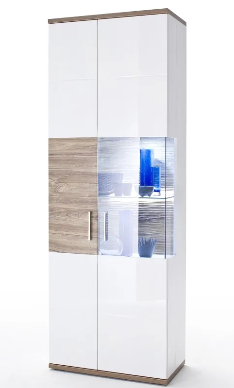 Vitrine (R) Luzern | weiß Hochglanz / Sterling Oak | LED Beleuchtung Komplettset