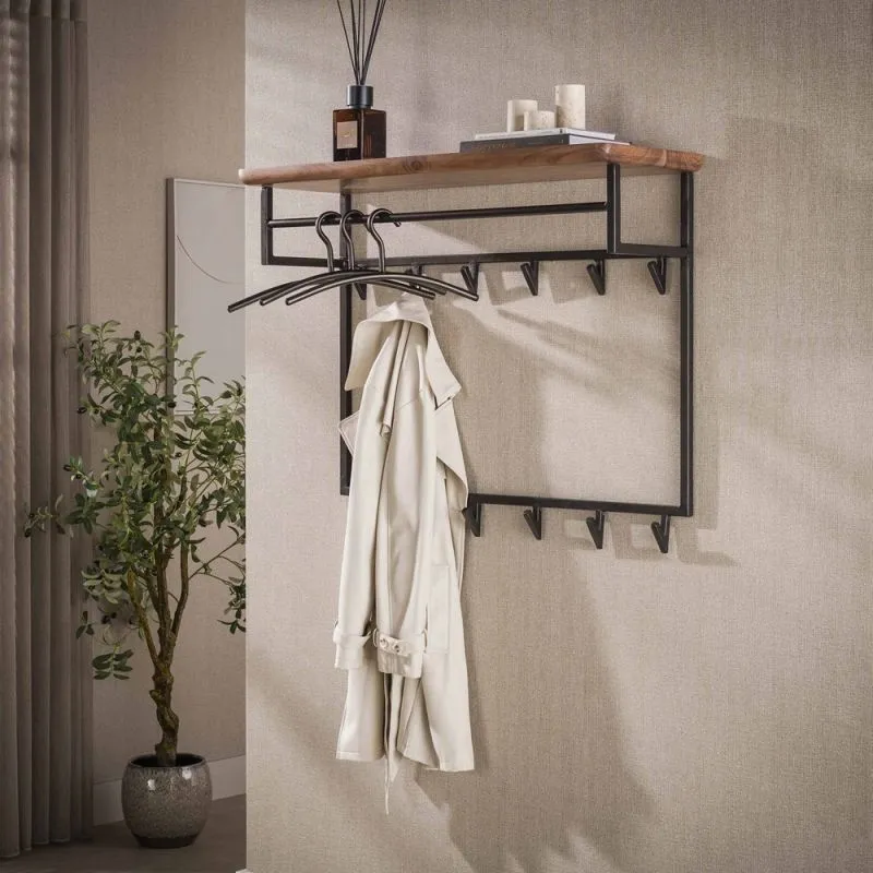 Wandgarderobe Garderobenpaneel Kes 3 mit Hutablage & 6 Haken | Akazie massiv | braun