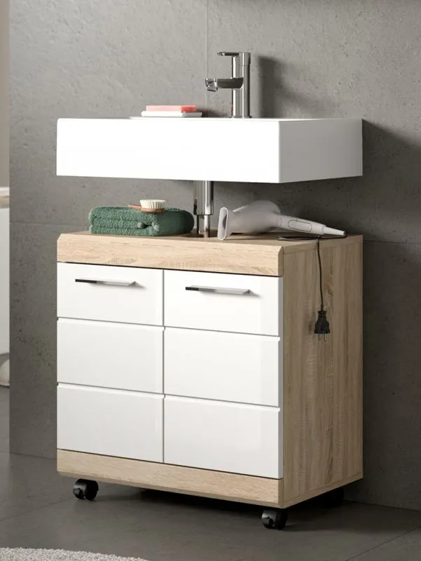 Waschbeckenunterschrank Lambada 1 | weiß Hochglanz / Sonoma Eiche hell