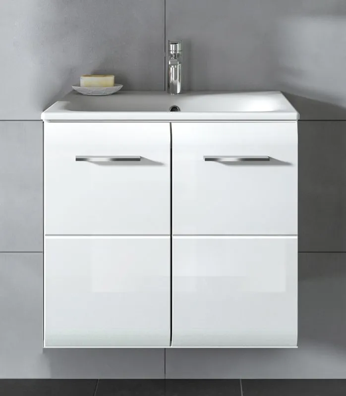 Waschtisch Ice inkl. Waschbecken, weiß Hochglanz, im Bad, Waschtisch mit Unterschrank, 4 Schubkästen, Griffmulden