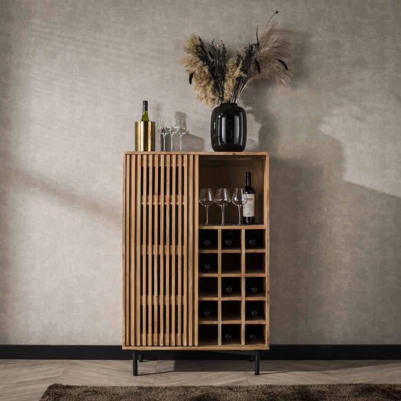 Weinschrank Highboard Levi | Akazie massiv | Lamellen | natur