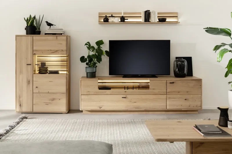 Wohnkombination 3 Girona | Ast / Balkeneiche | 3-teilig | mit Beleuchtung für Highgboard & TV-Board
