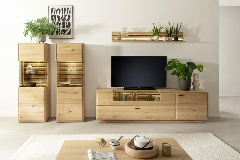 Wohnkombination 4 Girona | Ast / Balkeneiche | 3-teilig | Beleuchtung Highboard