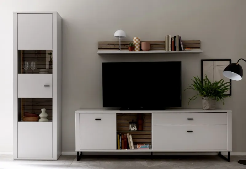 Wohnkombination 4 Louisiana | Modern White | 3-teilig | Vitrine & Wandboard mit Beleuchtung