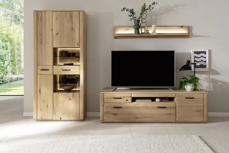 Wohnkombination Alento 2 | Asteiche / Balkeneiche | 3-teilig | Beleuchtung Wandboard