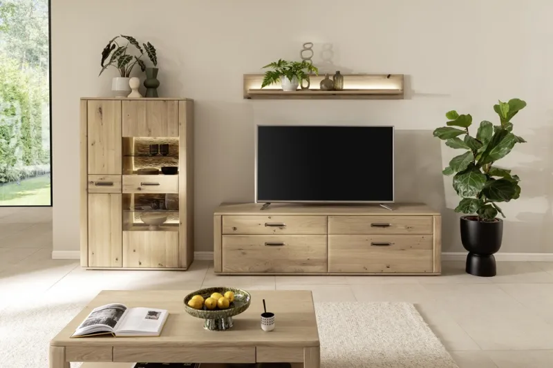 Wohnkombination Alento 3 | Asteiche / Balkeneiche | 3-teilig | Beleuchtung Wandboard