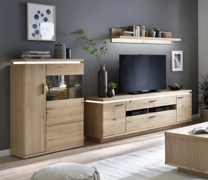 Wohnkombination Barcelona 3 | Balkeneiche Bianco / Eiche Bianco | 3-teilig | inkl. LED Beleuchtung Wandboard ohne Beleuchtung Highboard ohne Beleuchtung