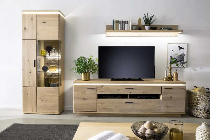 Wohnkombination Barcelona | Balkeneiche Bianco / Eiche Bianco | 3-teilig | inkl. LED Beleuchtung