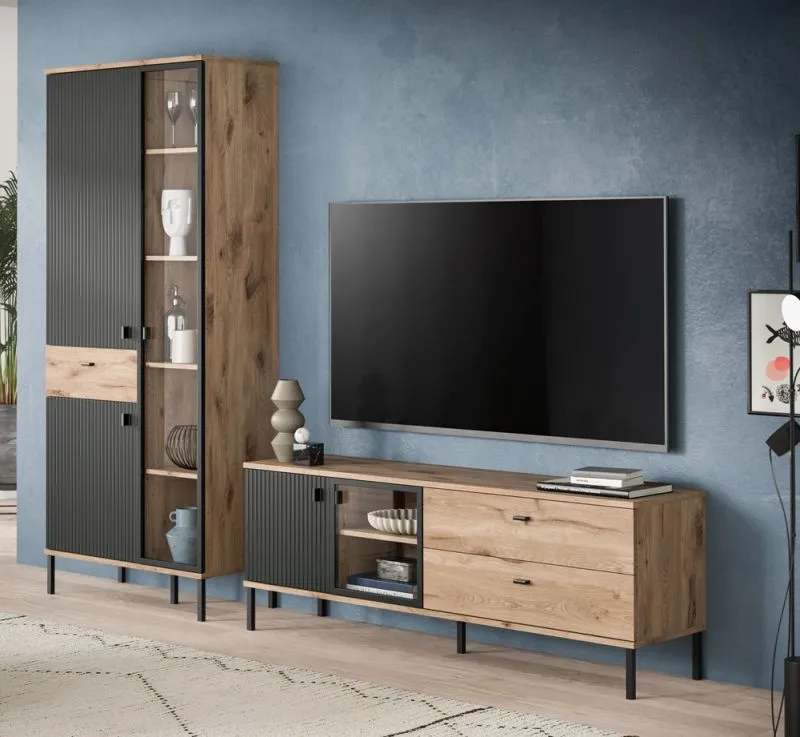 Wohnkombination Chess | 2-teilig | Nox Oak / schwarz ohne Beleuchtung