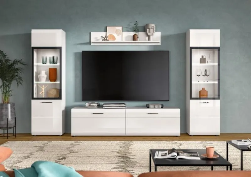 Wohnkombination Ice 3, 4-teilig, weiß, schwarz, im Wohnzimmer, mit offenen Fachböden und geschlossenen Schubkästen