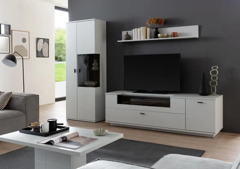Wohnkombination Lissabon 2 | Modern White | 3-teilig | Kombi-Vitrine mit Bandbeleuchtung