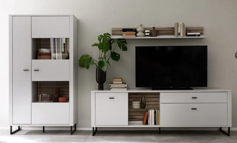 Wohnkombination Louisiana | Modern White | 3-teilig | Kombi-Vitrine & Wandboard mit Beleuchtung