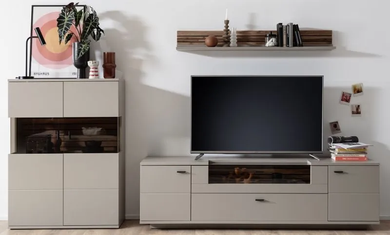 Wohnkombination Lüttich 2 | Basalt / Wotan Eiche | 3-teilig | Highboard mit Bandbeleuchtung