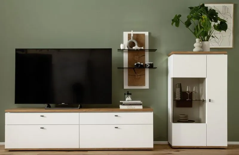 Wohnkombination Matadi 2 | Soft white / Ast-Balkeneiche | 3-teilig | Wandregal & Highboard mit Bandbeleuchtung