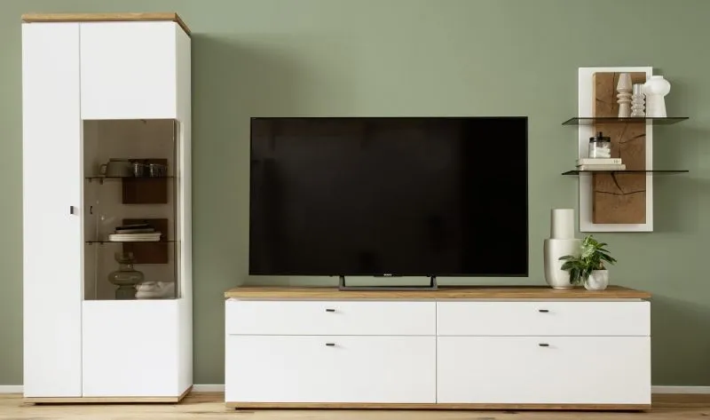 Wohnkombination Matadi 3 | Soft white / Ast-Balkeneiche | 3-teilig | Kombi-Vitrine mit LED Unterbauspot