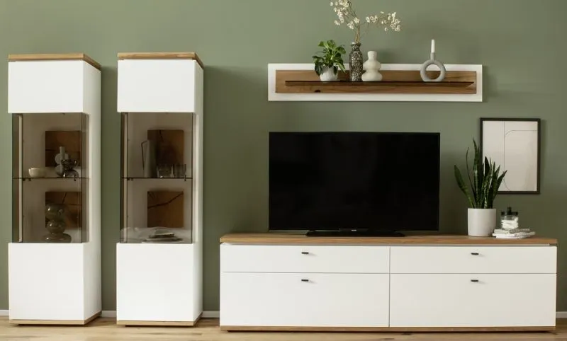 Wohnkombination Matadi | Soft white / Ast-Balkeneiche | 4-teilig | Wandboard mit Bandbeleuchtung