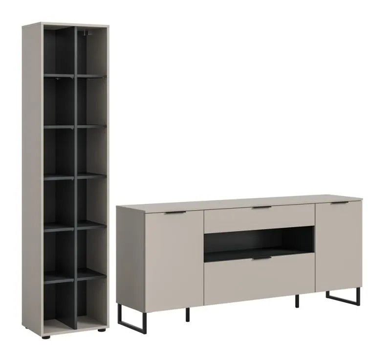 Wohnkombination Noida 4, 2-teilig, Regalwürfel mit 6 Fächern und TV-Lowboard mit offenen Fächern, Schubkästen, Metallfüße
