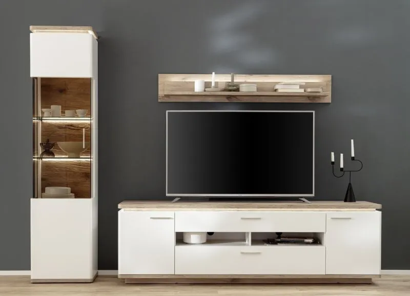 Wohnkombination Palermo 2 | Soft white / Viking Oak | 3-teilig | LED Beleuchtung