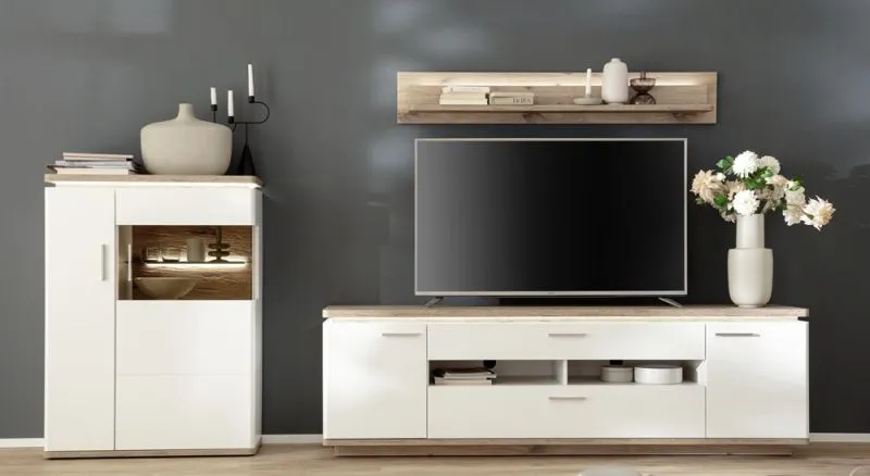Wohnkombination Palermo 3 | Soft white / Viking Oak | 3-teilig | LED Beleuchtung