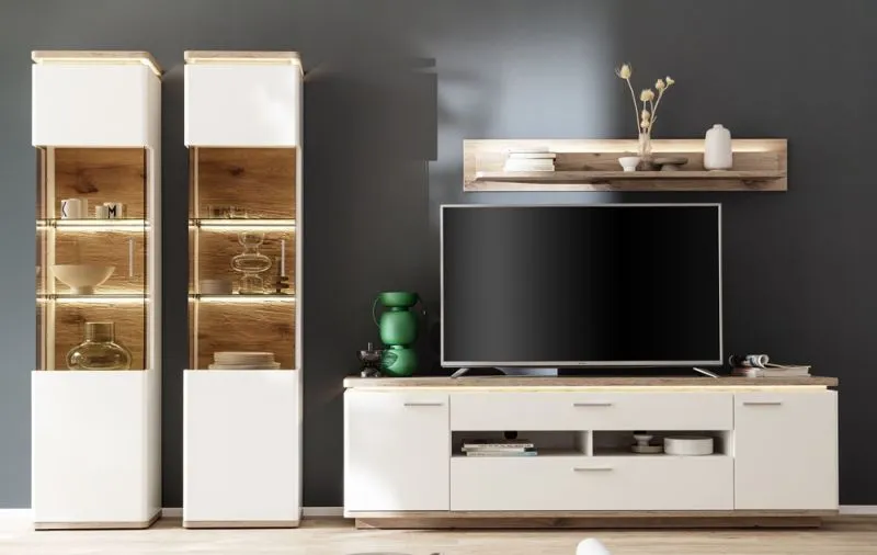 Wohnkombination Palermo 4 | Soft white / Viking Oak | 4-teilig | LED Beleuchtung