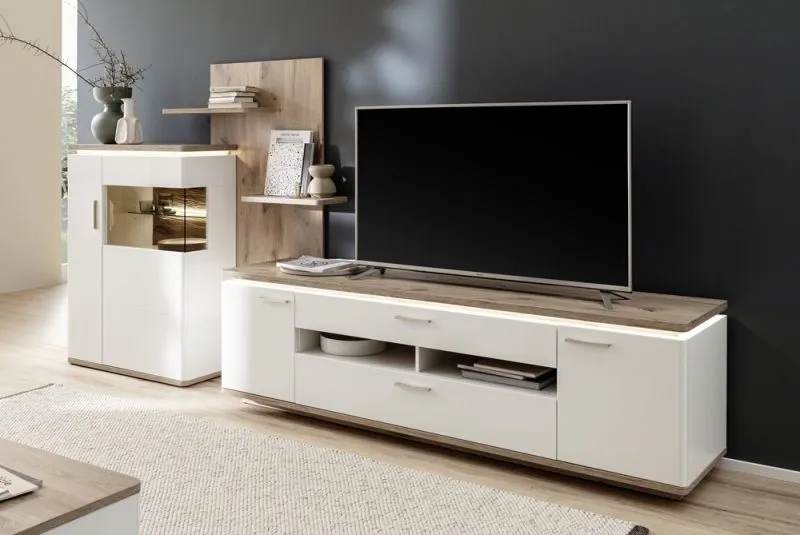 Wohnkombination Palermo, 3-teilig, im Wohnzimmer, TV-Board mit offenen Fächern und Schubkästen, Vitrinenschrank, Wandregale