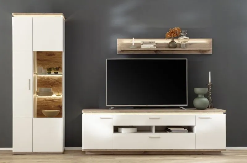 Wohnkombination Palermo1 | Soft white / Viking Oak | 3-teilig | mit 135 cm Beleuchtung