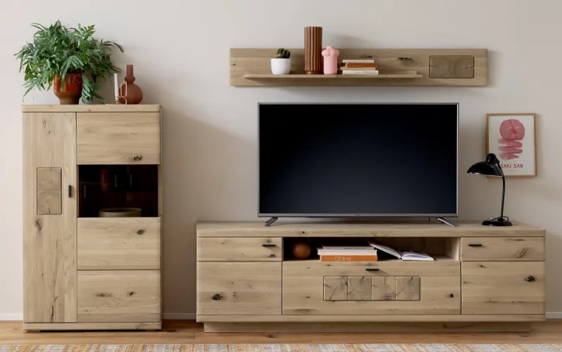 Wohnkombination Palma 3 | Asteiche / Balkeneiche | 3-teilig | Beleuchtung Wandboard