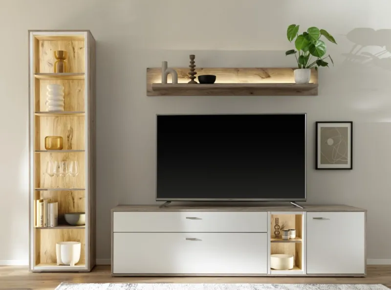Wohnkombination Santerno | Soft white / Viking Oak | 3-teilig | mit 50 cm Beleuchtung