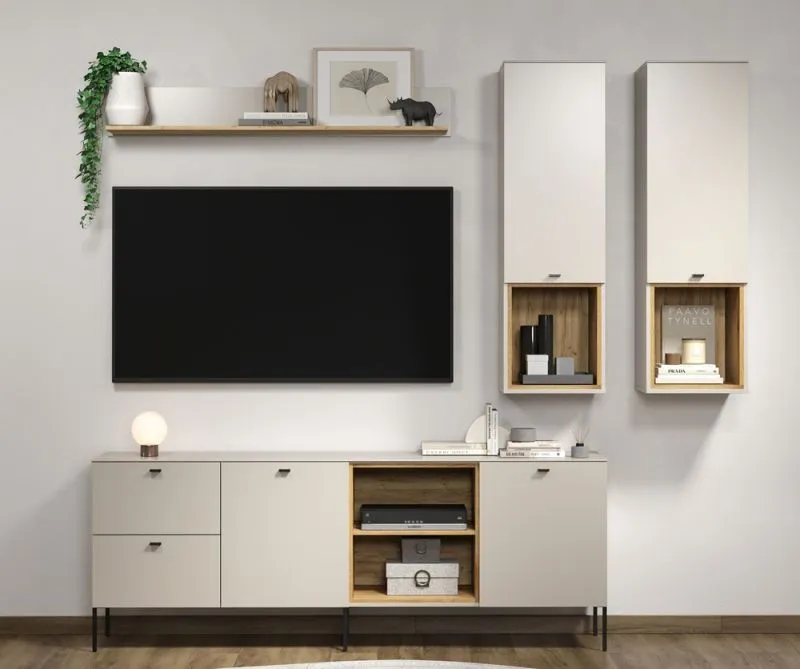 Wohnkombination Sao Paulo, Kaschmir Dekor, Wohnzimmer mit Lowboard, Wandschränken, Regal und Wandpaneel