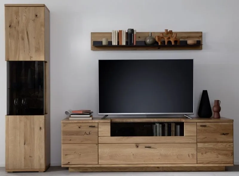 Wohnkombination Venedig 2 | Naturfarben / Wildeiche | 3-teilig | Vitrine mit Bandbeleuchtung