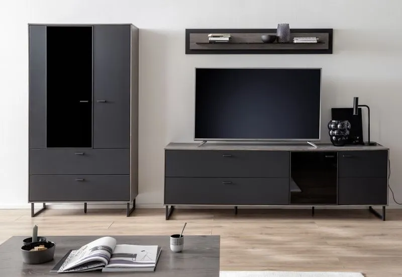 Wohnkombination Venezia 2 | Softblack / Vulcano Eiche | 3-teilig | Kombi-Vitrine mit Beleuchtung