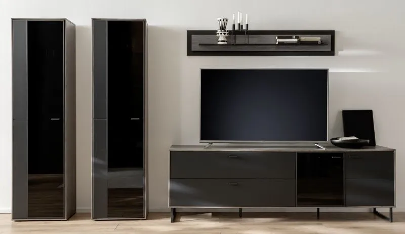 Wohnkombination Venezia 3 | Softblack / Vulcano Eiche | 4-teilig | Wandboard mit Beleuchtung
