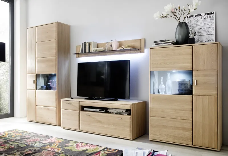 Wohnwand Anbauwand 2 Tarragona | Eiche Bianco | 4-teilig | mit 2er Set LED Unterbauspot | ohne Wandboard-Beleuchtung