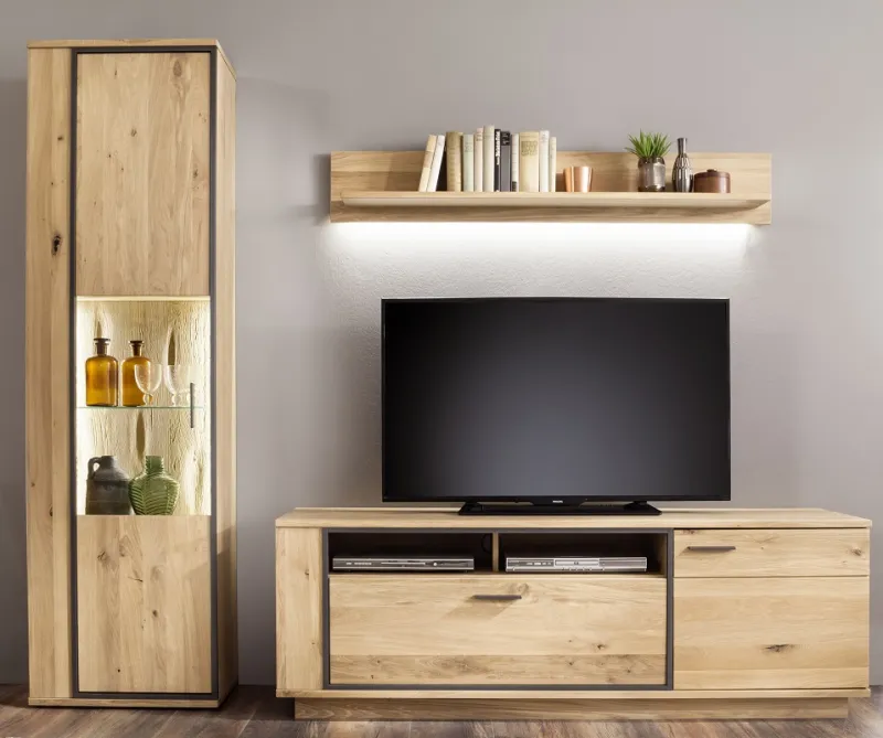 Wohnwand Anbauwand 3 Campinas | Eiche Bianco massiv | 3-teilig | LED Beleuchtung