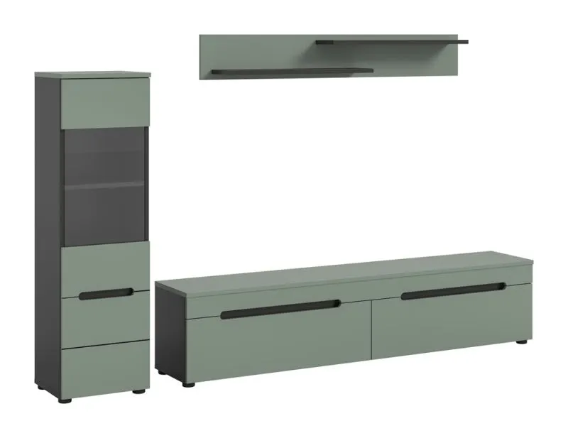 Wohnwand Anbauwand Canu | 2-teilig | Smoke Green / Basalt Grau mit Beleuchtung