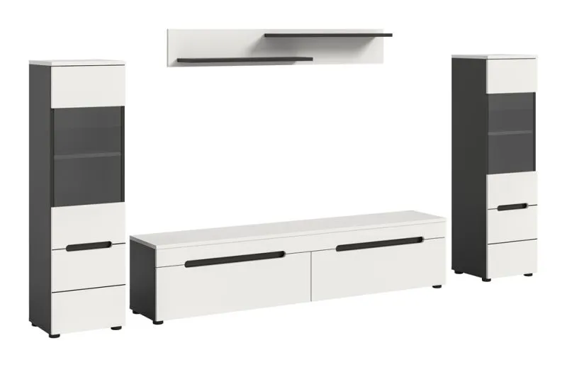 Wohnwand Anbauwand Canu, 3-teilig, weiß, Basalt Grau, Schrankwand mit TV-Board, 2 Seitenschränke, Wandboard oben