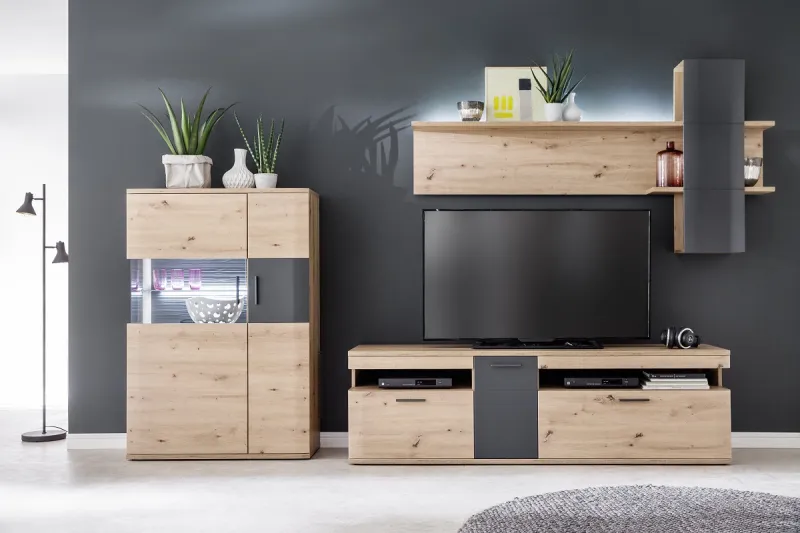 Wohnwand Anbauwand Cortona 2 | Balkeneiche / anthrazit | 3-teilig | LED Beleuchtung