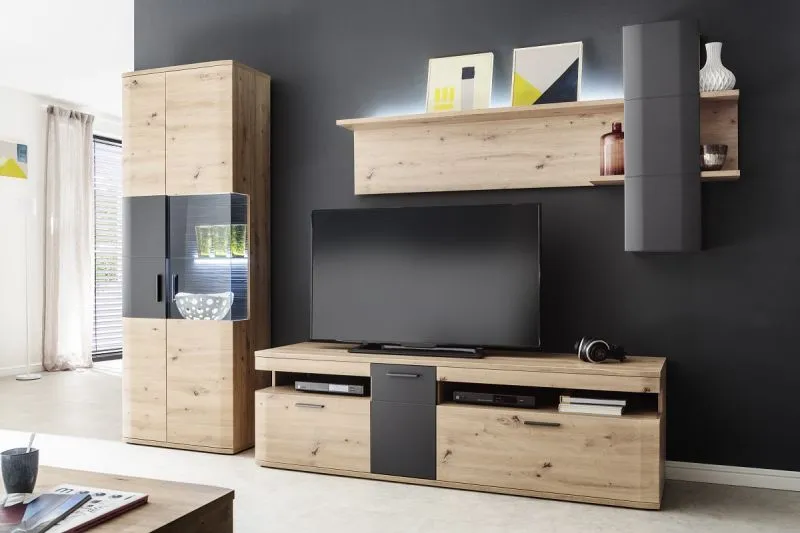 Wohnwand Anbauwand Cortona | Balkeneiche / anthrazit | 3-teilig | LED Beleuchtung 1