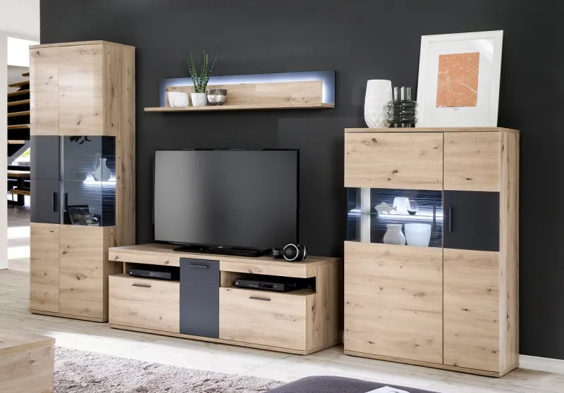 Wohnwand Anbauwand Cortona | Balkeneiche / anthrazit | 4-teilig | LED Beleuchtung