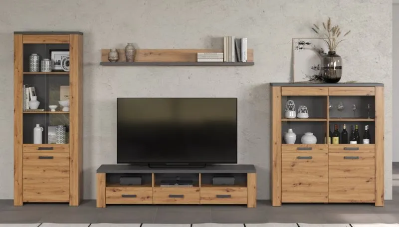 Wohnwand Anbauwand Follow | Artisan Eiche / Matera grau | 4-teilig | 4er Set Unterbauspots