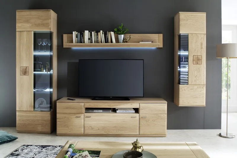 Wohnwand Anbauwand I Bologna 2 | Eiche Bianco | 4-teilig | LED Beleuchtung