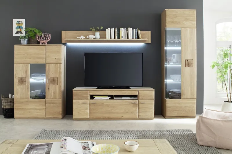 Wohnwand Anbauwand I Bologna 3 | Eiche Bianco | 4-teilig | LED Beleuchtung