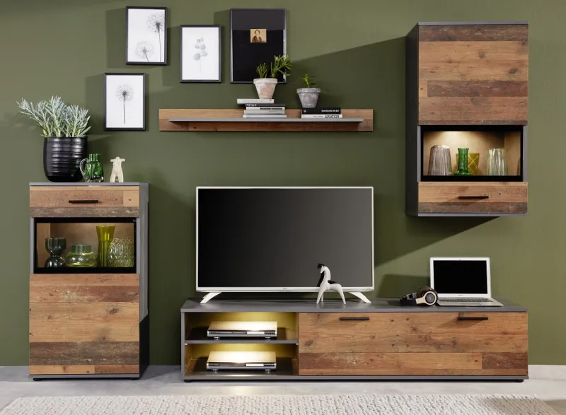 Wohnwand Anbauwand Mango | Old Used Wood / Matera grau | 4-teilig | LED Beleuchtung