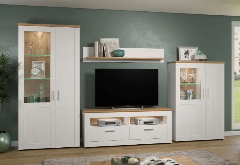 Wohnwand Anbauwand Shade | Andersen Pinie weiß / Artisan Eiche | Landhausstil | 4-teilig | LED Beleuchtung