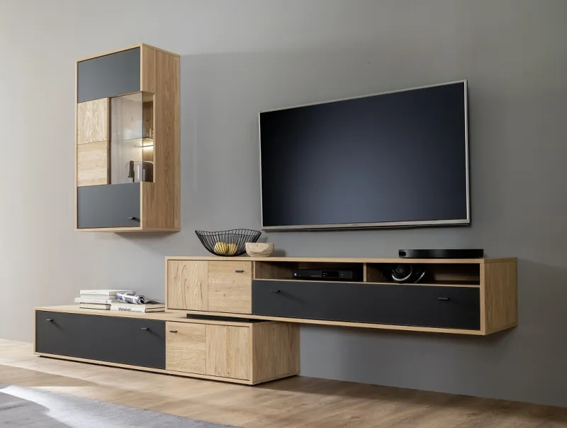 Wohnwand Anbauwand Valencia 2 | Balkeneiche Bianco / Glas anthrazit | 2-teilig | LED Beleuchtung